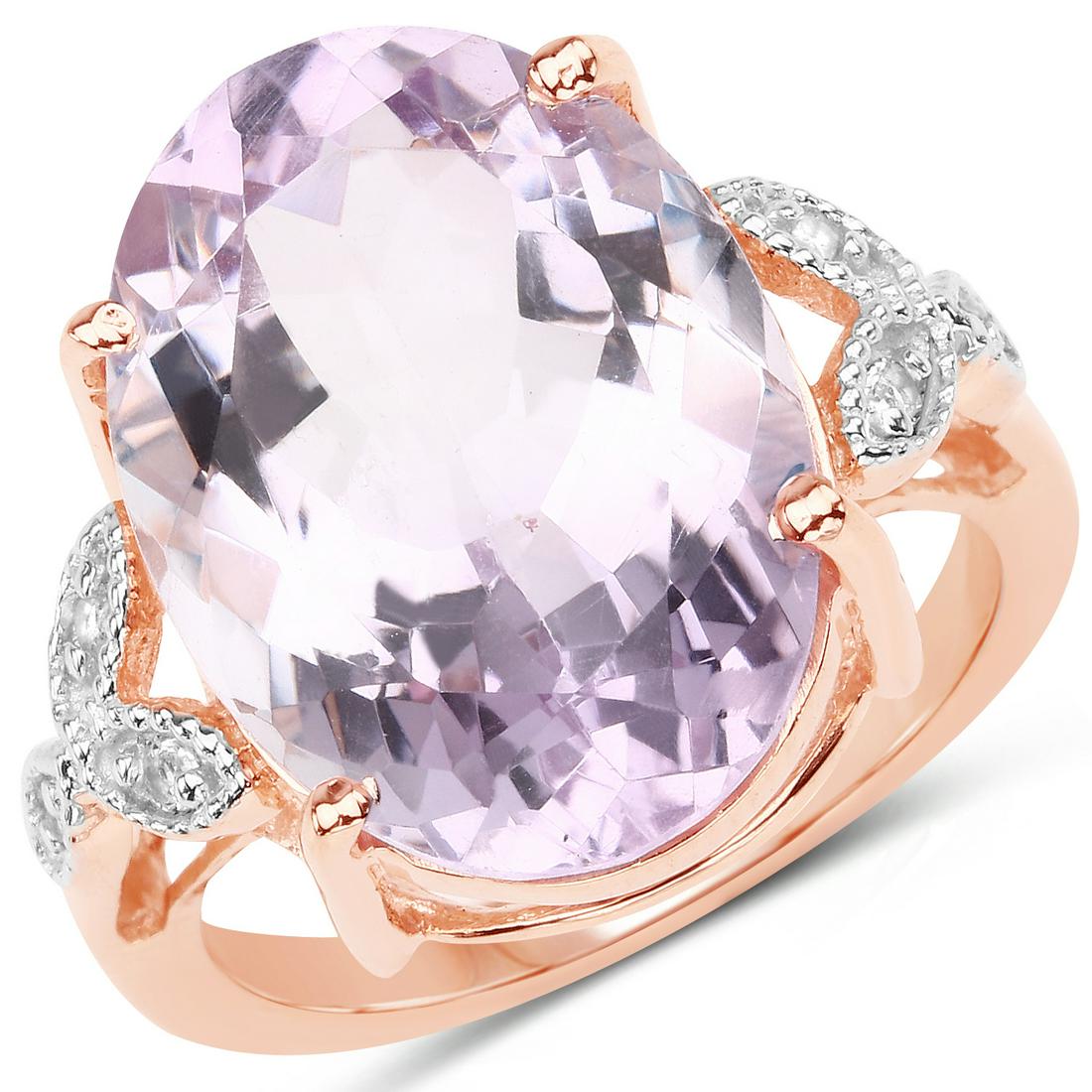 Plated 18KT Rose Gold 10.41ct Pink Amethyst and White Topaz Ring: 18K Rose Gold Plated 10.50 Carat Genuine Pink Amethyst and White Topaz .925 Sterling Silver Ring. Pink Amethyst Oval/18x13mm - 1/10.41 ctw Natural Heat Treated N + White Topaz Round/1.30mm - 6/0.09 ct