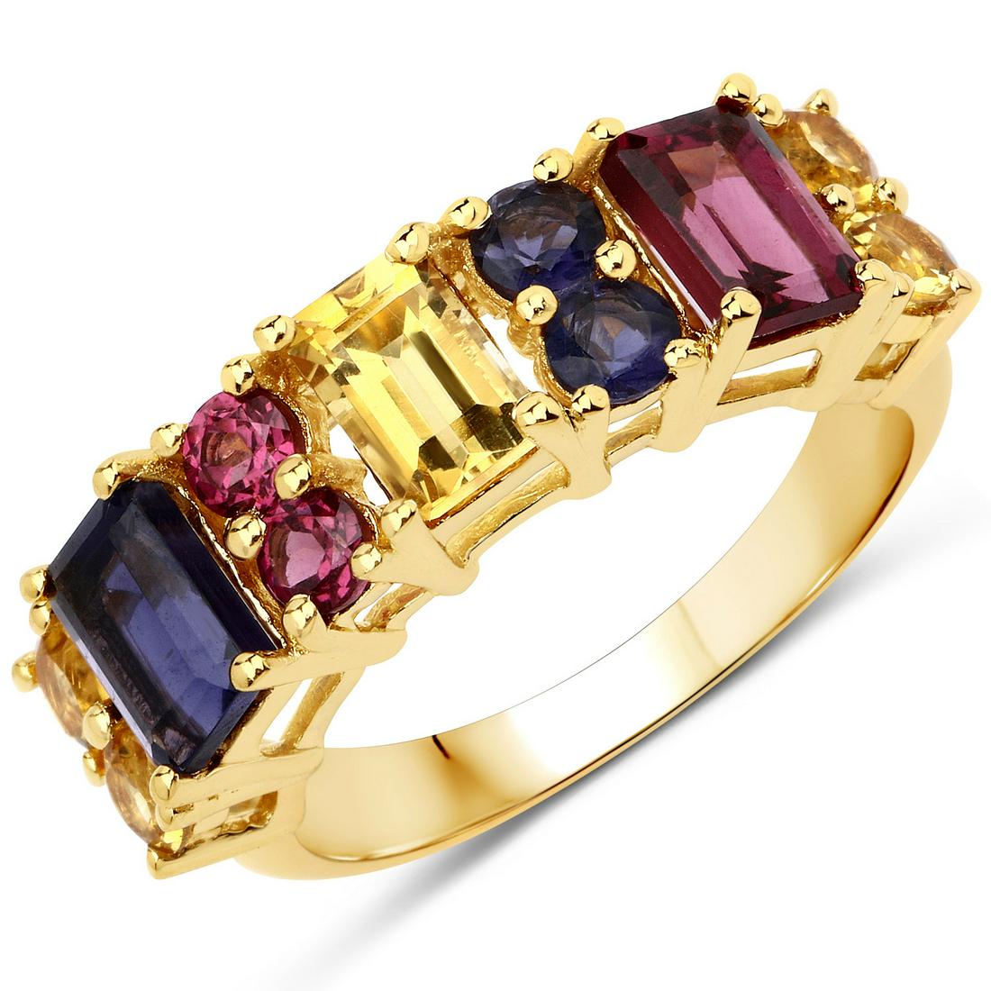 Plated 14KT Yellow Gold 2.68ctw Multi Color Gemstone Ring: 2.68 Carat Genuine Multi Stones.925 Sterling Silver Ring. Citrine Octagon/6x4mm - 1/0.55 ctw Prong Setting Natural Heat Treated N + Rhodolite Garnet Octagon/6x4mm - 1/0.75 ctw Natural Not Treated N + 
