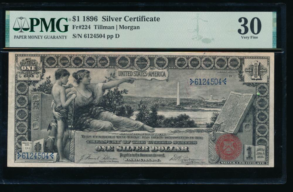 1896 $1 Educational Silver Certificate PCGS 30: One 1896 $1 Educational Silver Certificate PCGS 30.