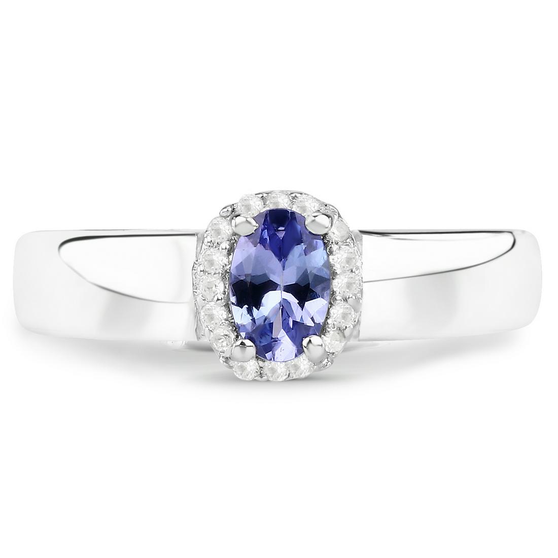 Plated Rhodium 0.75ct Tanzanite and White Zircon Ring: 0.54 Carat Genuine Tanzanite and White Zircon.925 Sterling Silver Ring. Tanzanite Oval/6x4mm - 1/0.44 ctw Prong Setting Natural Heat Treated E + White Zircon Round/1.00mm - 16/0.10 ctw Synthetic Heat 