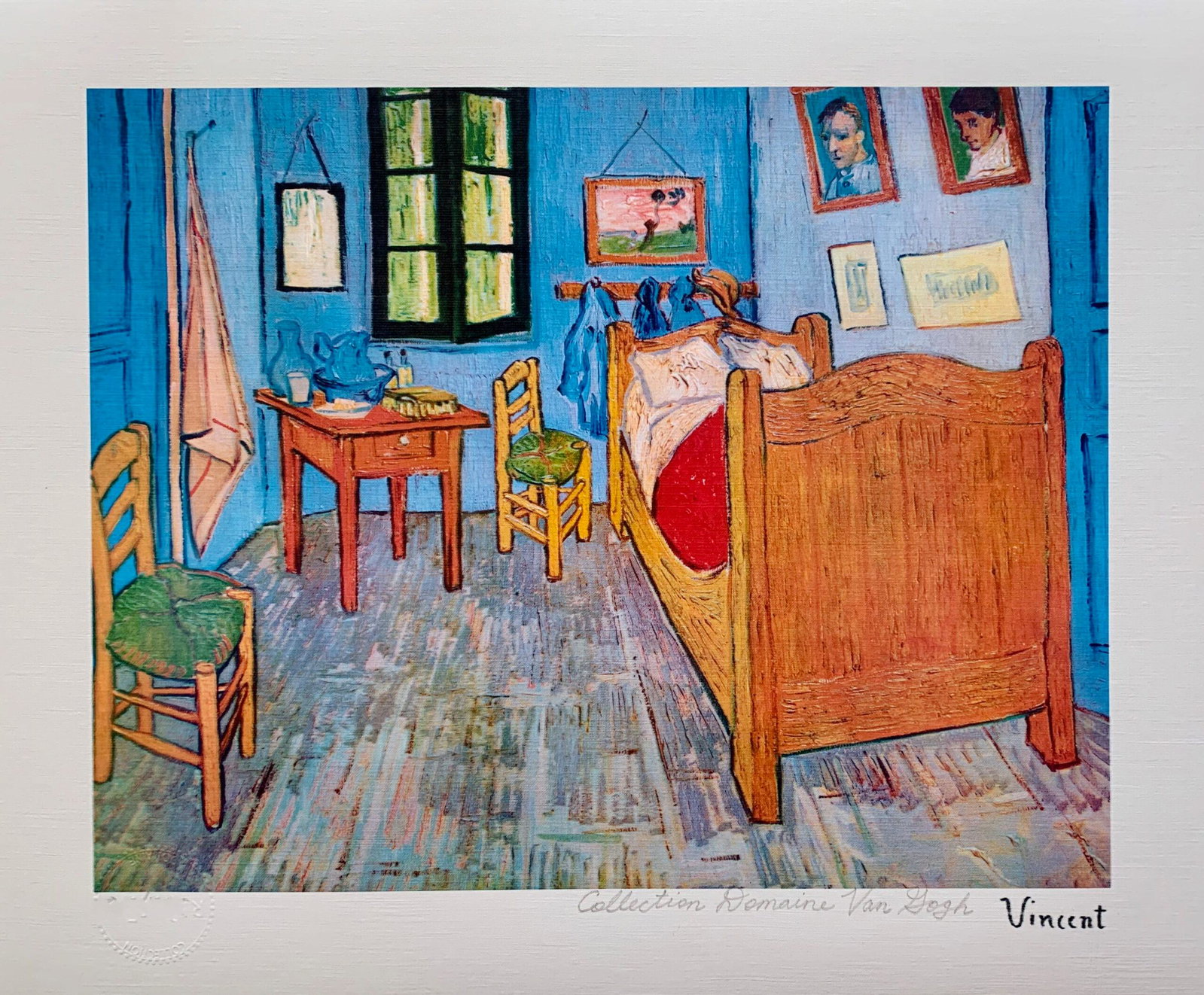Bedroom by Vincent Van Gogh Estate Signed Giclee: Reproduction giclee titled â€œVAN GOGHâ€™S BEDROOM”. This piece is pencil signed on the lower right as â€˜Collection Domaine Van Goghâ€™ and has an embossed seal stamped by the