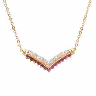 Plated 18KT Yellow Gold 0.61ctw Ruby and Diamond Pendant with Chain: One Plated 18KT Yellow Gold 0.61ctw Ruby and Diamond Pendant with Chain. (13) Ruby stones with a total weight of 0.61cts. (11) Diamonds with a total weight of 0.09cts with a color of I-J and clarity o