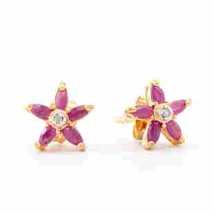 Plated 18KT Yellow Gold 1.05ctw Ruby and Diamond Earrings: One Plated 18KT Yellow Gold 1.05ctw Ruby and Diamond Earrings. (10) Rubies with a total weight of 1.05cts. Diamonds with a total weight of 0.02cts with a color of I-J and with a clarity of I3. 1.55 gr