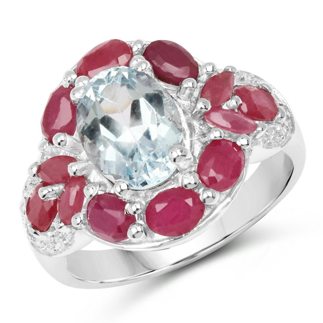 Plated Rhodium Aquamarine Ruby and White Topaz Ring: 3.54 Carat Genuine Aquamarine, Ruby and White Topaz.925 Sterling Silver Ring. Aquamarine Oval/9x7mm - 1/1.40 ctw Natural Heat Treated E + Ruby Marquise/4x2mm - 4/0.36 ctw Natural Heat Treated F + Ruby