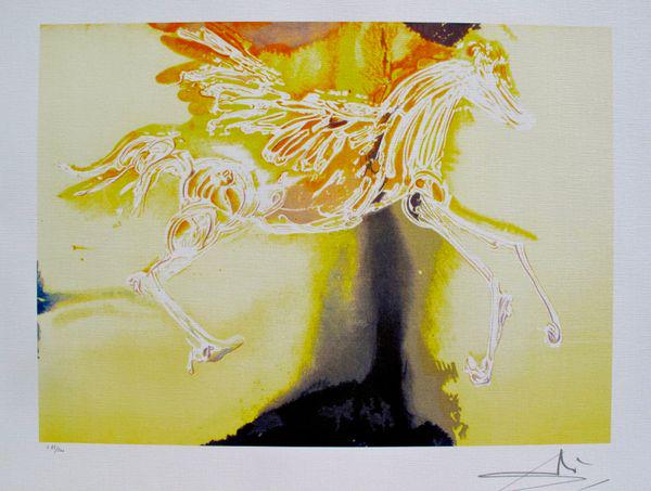 Salvador Dali Dalinean Horse Pegasus Lithograph: Salvador Dali lithograph print titled â€œPEGASUS” from the Dalinean Horse Suite. This lithograph is facsimile signed which means it bears a copy of Daliâ€™s signature. Produced on archi