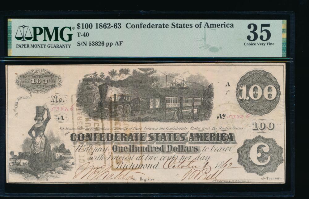 1862-63 $100 T-40 Confederate PMG 35: One 1862-63 $100 T-40 Confederate PMG 35.