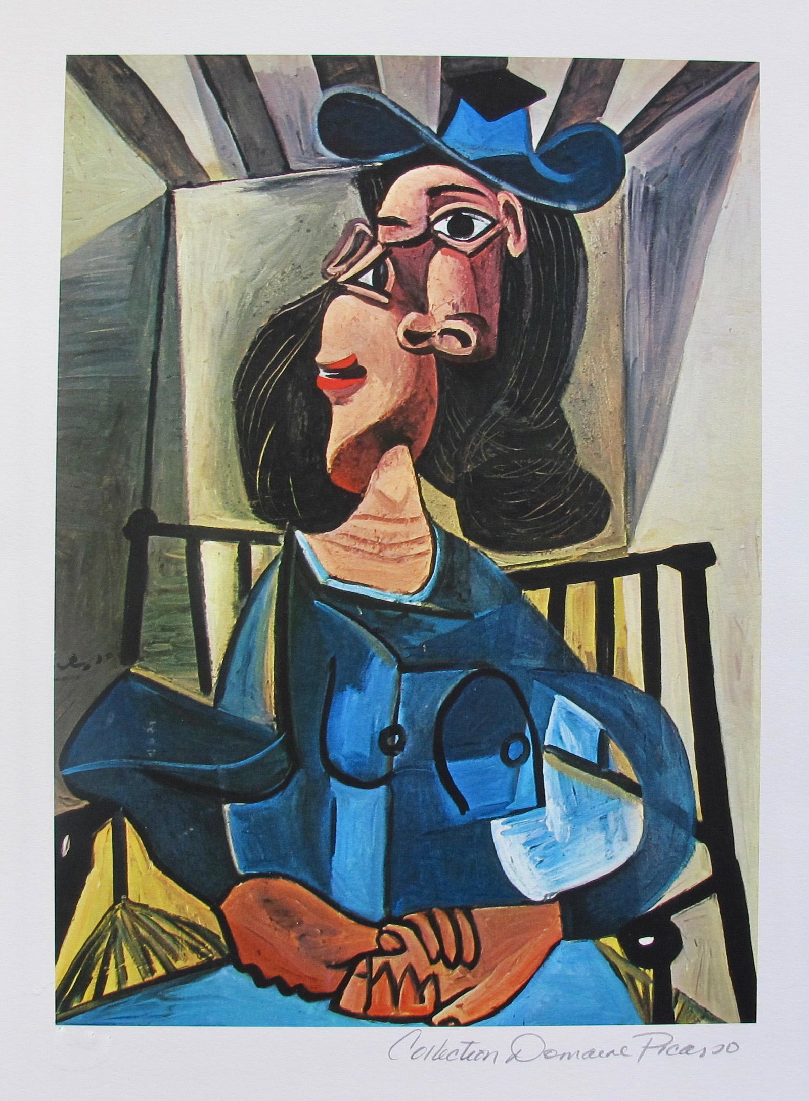 Pablo Picasso Woman With A Hat Seated In Armchair: PABLO PICASSO (ESTATE COLLECTION DOMAINE) (1881-1973) small giclee titled â€œWOMAN WITH A HAT SEATED IN ARMCHAIR” This piece is pencil signed on the lower right as â€˜Collection Domaine 