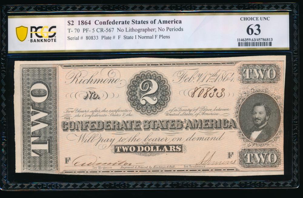 1864 $2 T-70 Confederate PCGS 63: One 1864 $2 T-70 Confederate PCGS 63.