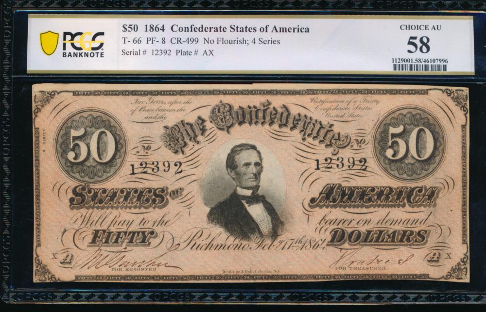 1864 $50 T-66 Confederate PCGS 58: One 1864 $50 T-66 Confederate PCGS 58.