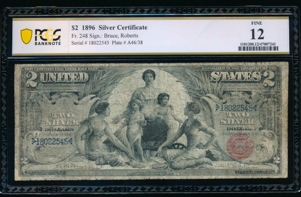 1896 $2 Educational Silver Certificate PCGS 12: One 1896 $2 Educational Silver Certificate PCGS 12.