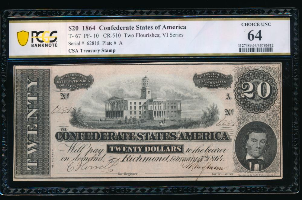 1864 $20 T-67 Confederate PCGS 64: One 1864 $20 T-67 Confederate PCGS 64.