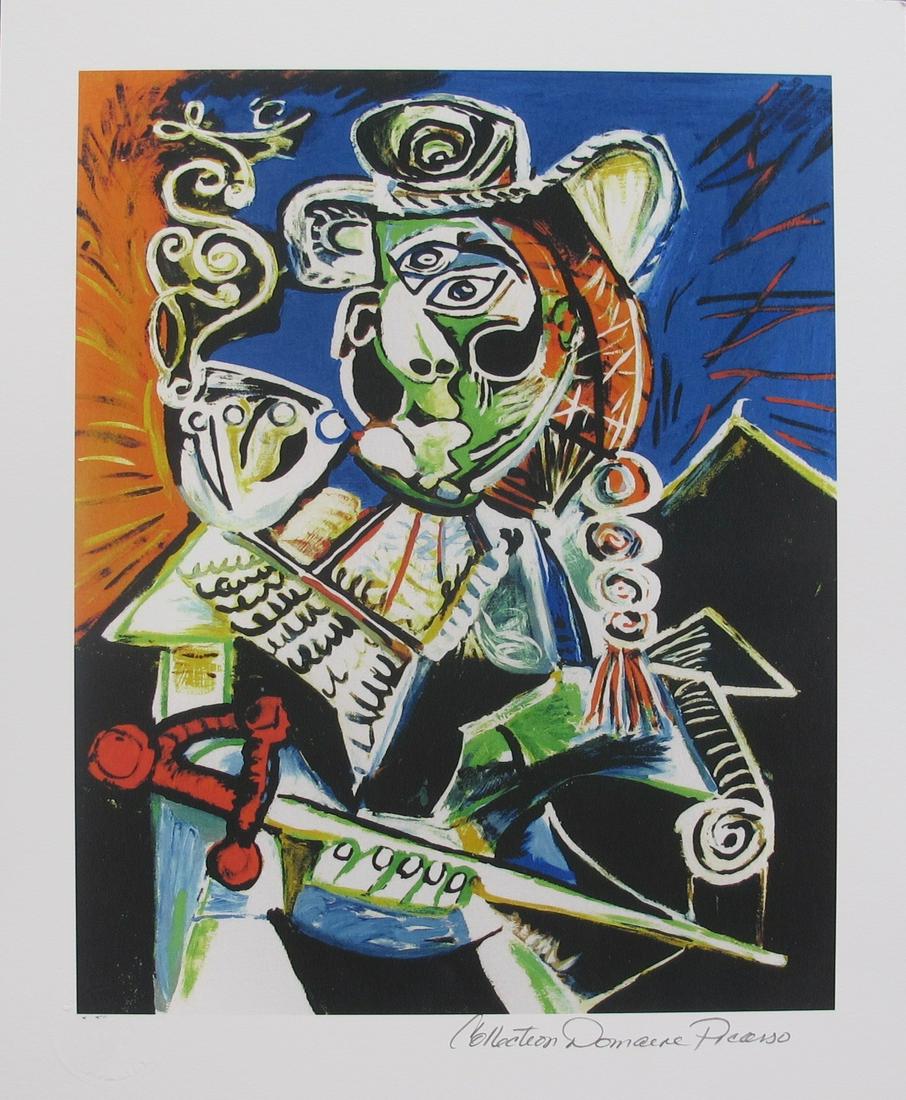 Picasso CAVALIER WITH PIPE Estate Signed Limited Edition Giclee: This is a PABLO PICASSO (ESTATE COLLECTION DOMAINE) (1881-1973) small giclee titled â€œCAVALIER WITH PIPE”. This piece is pencil signed on the lower right as â€˜Collection Domaine Picass