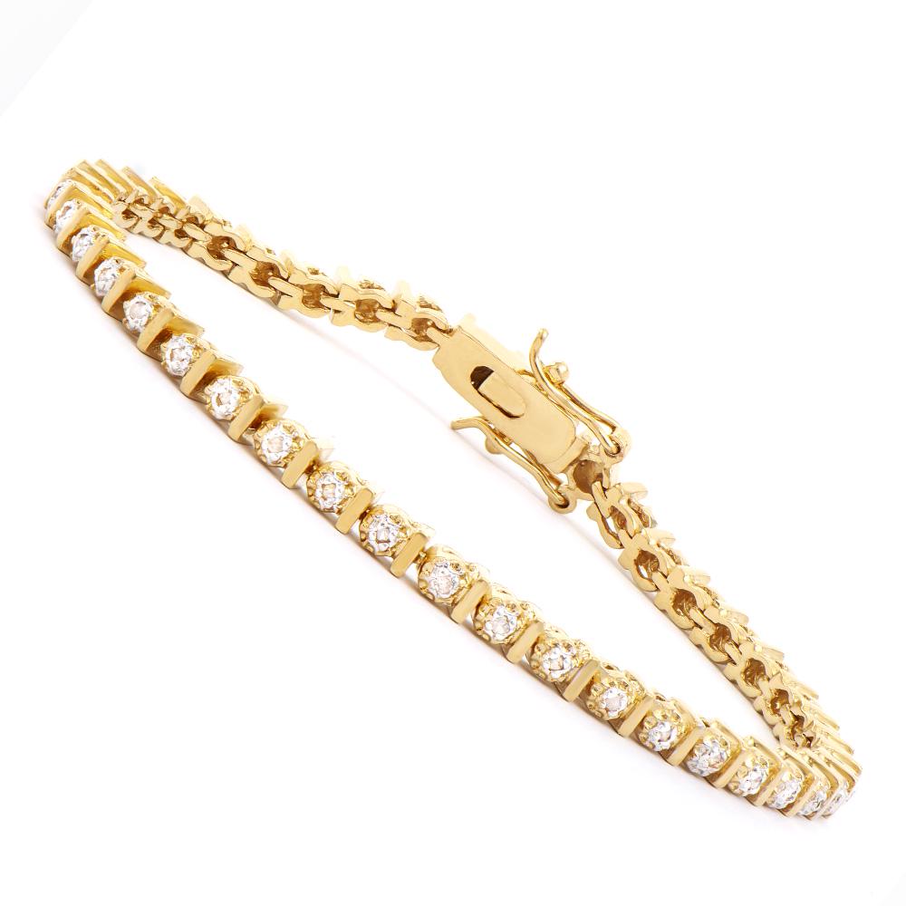 Plated 18KT Yellow Gold Diamond Bracelet: One Plated 18KT Yellow Gold Diamond Bracelet. Diamonds with a total weight of 0.15cts with a color of I-J and with a clarity of I3. Total weight of this bracelet is 9.05 grams of brass layered with 18