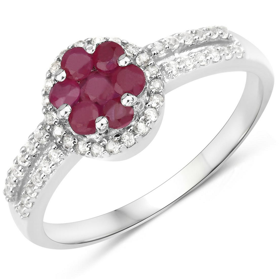 Plated Rhodium Ruby and White Topaz Ring: 0.60 Carat Genuine Ruby and White Topaz.925 Sterling Silver Ring. Ruby Round/2.00mm - 6/0.30 ctw Prong Setting Natural Heat Treated F + Ruby Round/2.50mm - 1/0.07 ctw Natural Heat Treated F + White To