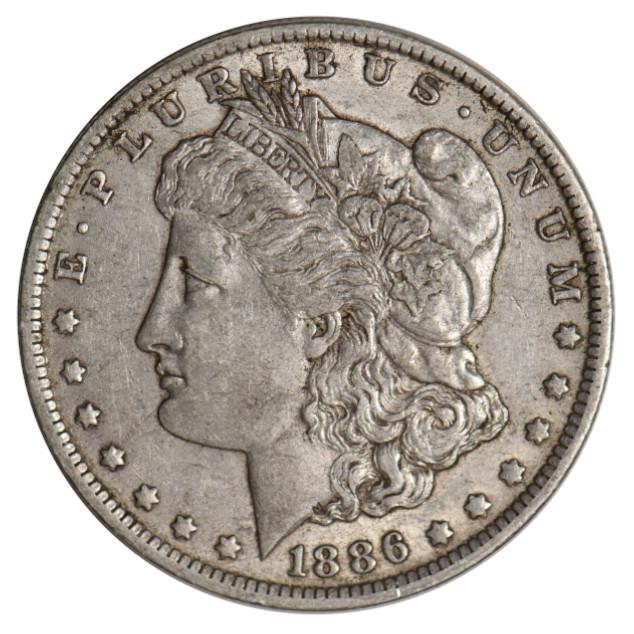 1886-O $1 Morgan Silver Dollar: One 1886-O $1 Morgan Silver Dollar.