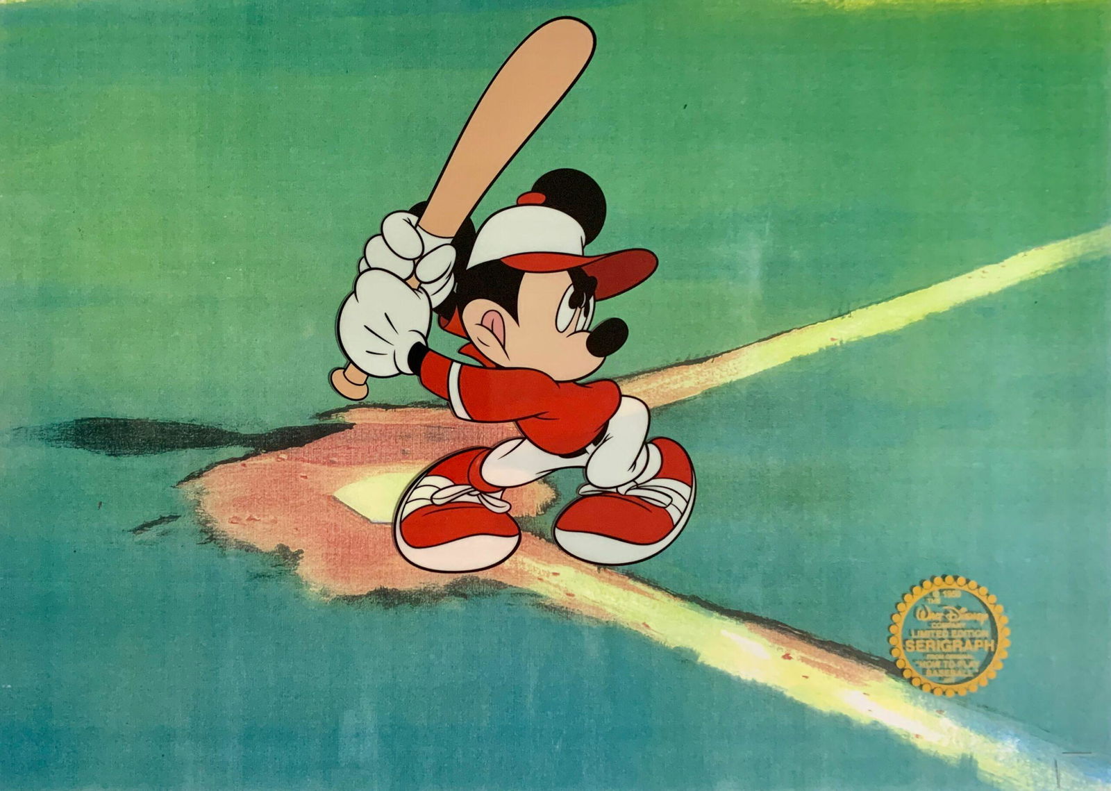 Fine Art Disney Mickey Mouse Baseball Sericel Animation Art Cel: This is a Limited-Edition Serigraph Cel of Mickey Mouse playing baseball. Disneyâ€™s own artists have selected this scene from the original animation drawings used to produce this classic Disney