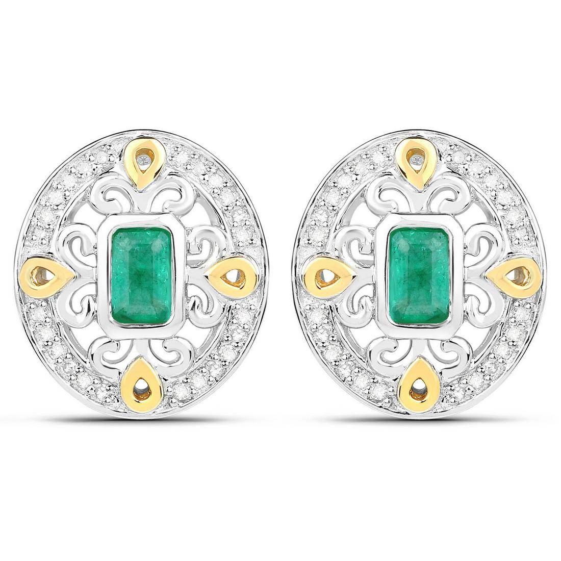 Rhodium Plated 0.69ctw Emerald and Diamond Earrings: 0.69 Carat Genuine Zambian Emerald and White Diamond.925 Sterling Silver Earrings. Emerald Octagon/5x3mm - 2/0.56 ctw Bezel Setting Natural Oiled E + White Diamond Round/0.80mm - 48/0.13 ctw Natural N