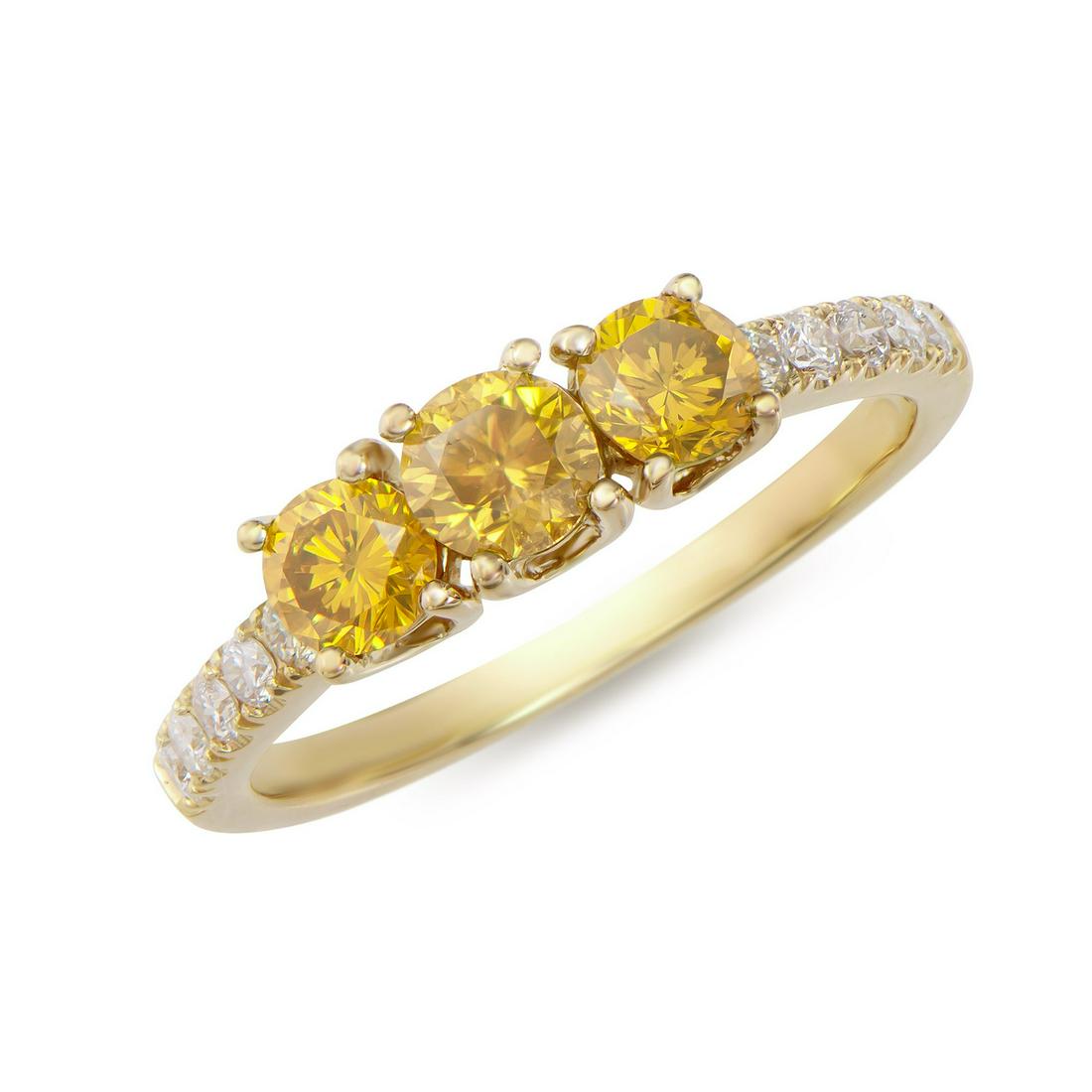 14KT Yellow Gold 1.28ctw Yellow Diamond Ring: (3) round Yellow Diamonds with a total weight of 1.02cts with a color of Yellow and clarity of I1-I2. (10) round Diamonds with a total weight of 0.26cts with a color of H-I and clarity of I1-I2. Total