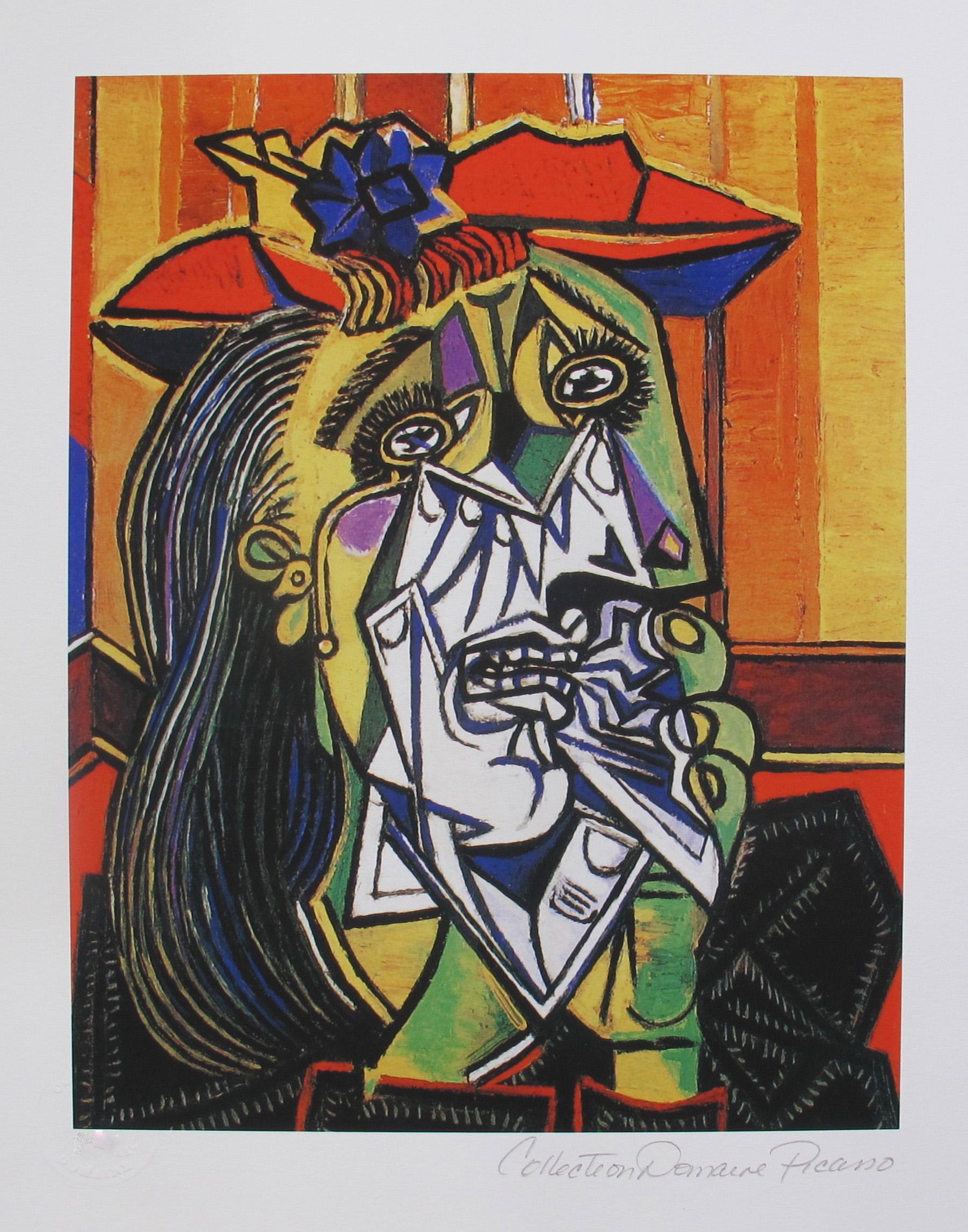 Pablo Picasso Weeping Woman With Hat: PABLO PICASSO (ESTATE COLLECTION DOMAINE) (1881-1973) small giclee titled â€œWEEPING WOMAN WITH HAT”. This piece is pencil signed on the lower right as â€˜Collection Domaine Picassoâ€