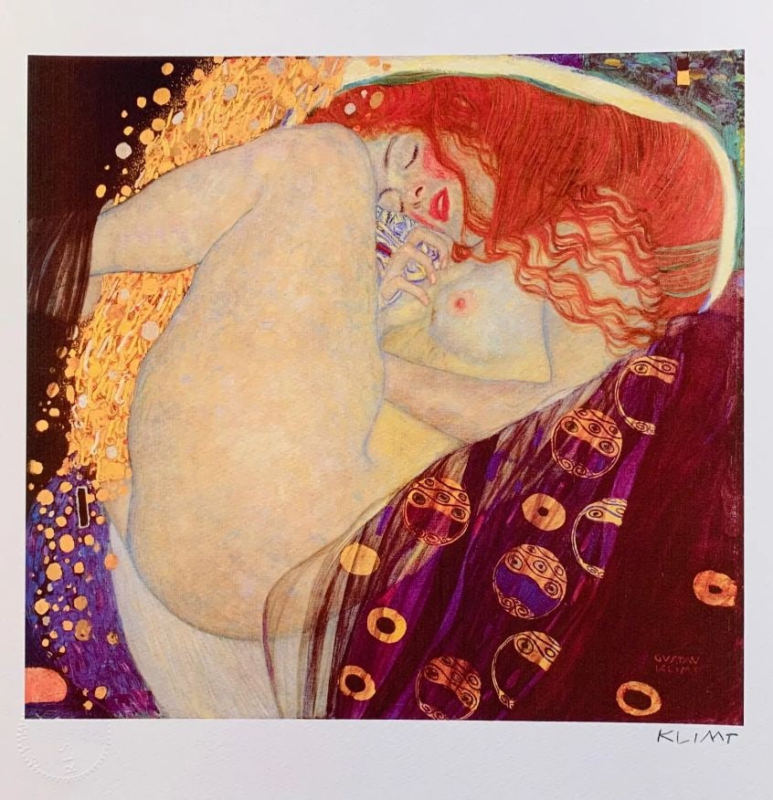Danae Giclee by Gustav Klimt: Danae Giclee by Gustav Klimt limited edition. This piece is facsimile signed on the lower right. Pencil numbered from an edition of 375.Image measures 15 inches x 10 inches. Paper with border measures