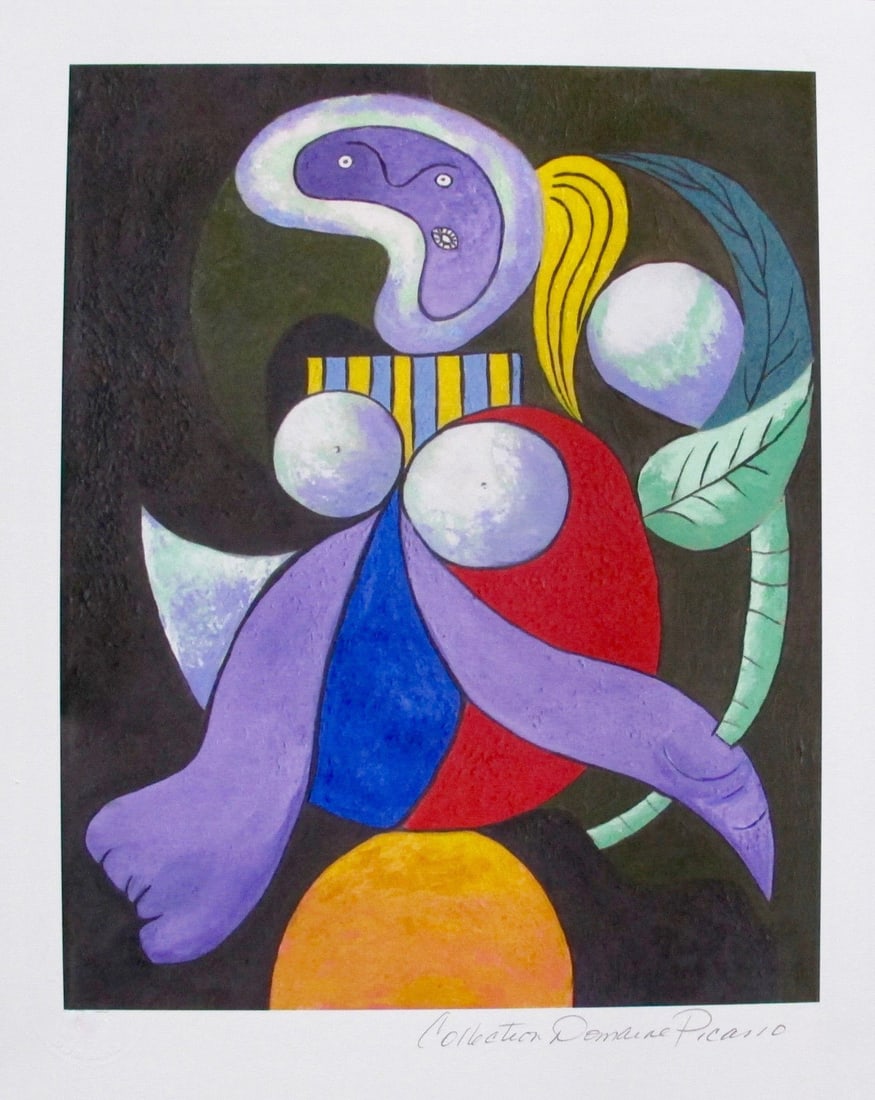 Pablo Picasso Women With A Flower: PABLO PICASSO (ESTATE COLLECTION DOMAINE) (1881-1973) small giclee titled â€œWOMEN WITH A FLOWER”. This piece is pencil signed on the lower right as â€˜Collection Domaine Picassoâ€™