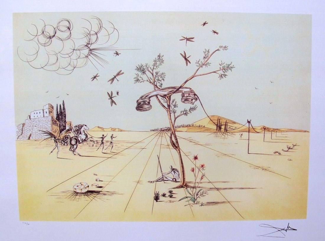 Salvador Dali Disembodied Telephone in the Desert Lithograph: Salvador Dali limited edition lithograph titled â€œDISEMBODIED TELEPHONE IN THE DESERT”. This lithograph is facsimile signed which means it bears a copy of Daliâ€™s signature. Produced 