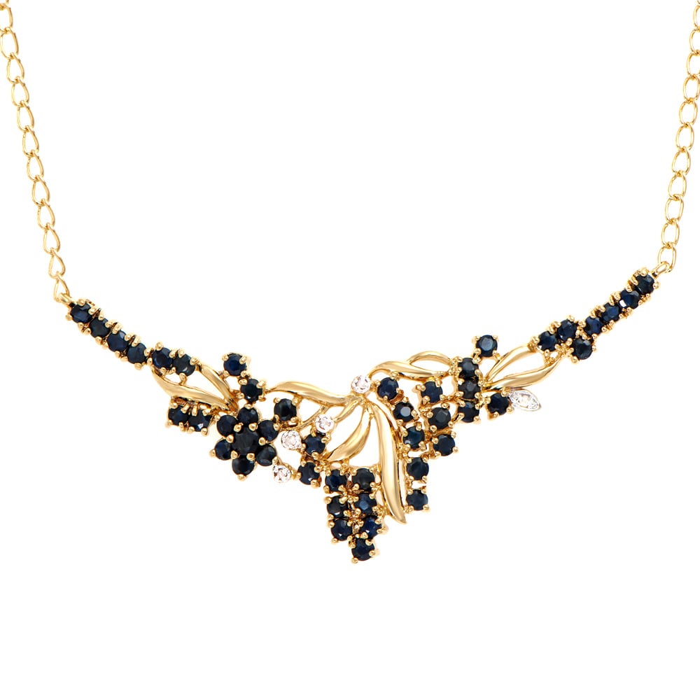 Plated 18KT Yellow Gold 3.25ctw Black Sapphire and Diamond Pendant with Chain: One Plated 18KT Yellow Gold 3.25ctw Black Sapphire and Diamond Pendant with Chain. (47) Black Sapphires with a total weight of 3.25cts. Diamonds with a total weight of 0.04cts with a color of I-J and 