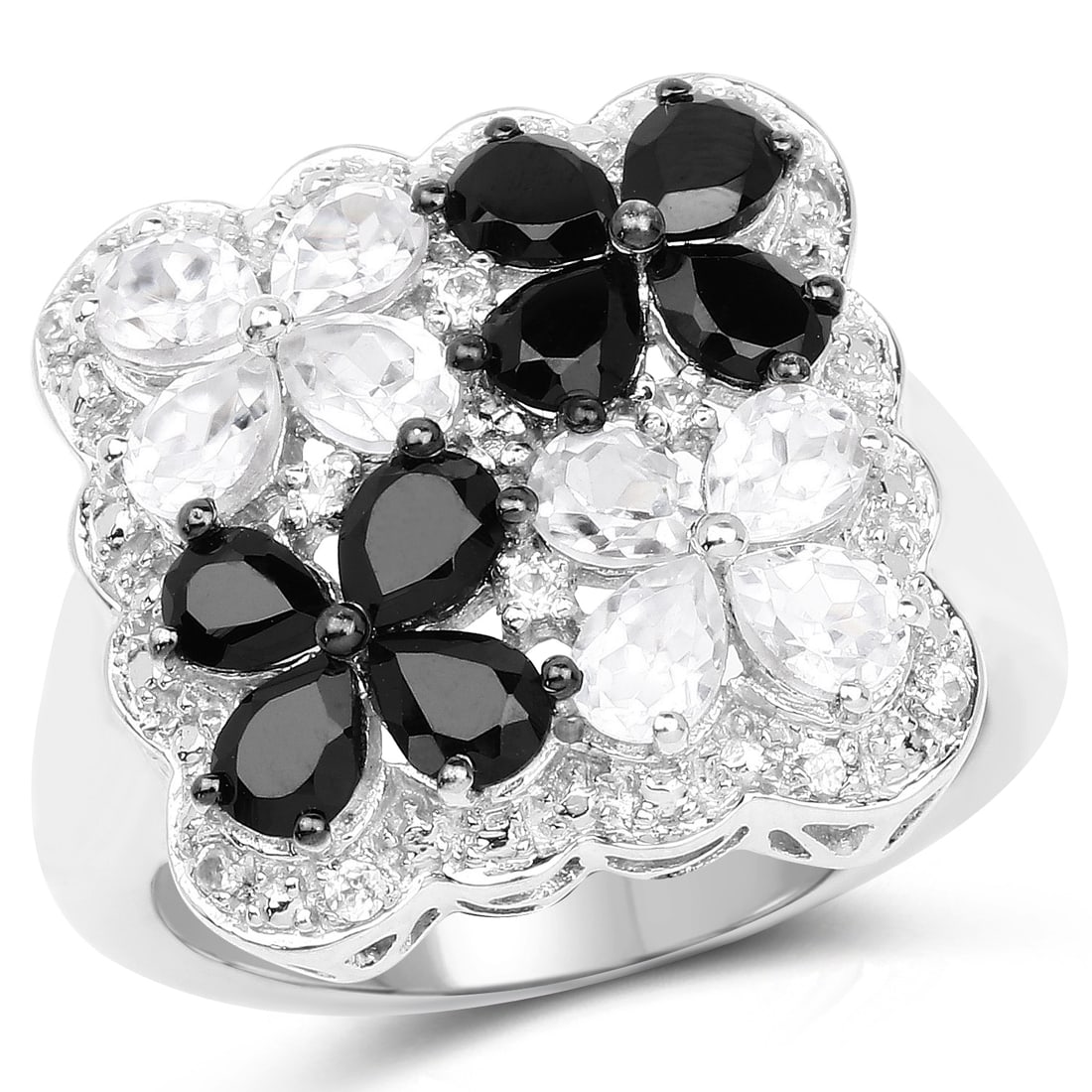 Plated Rhodium 1.36ctw Black Spinel and White Topaz Ring: 2.88 Carat Genuine White Topaz and Black Spinel.925 Sterling Silver Ring. White Topaz Pear/4x3mm - 8/1.44 ctw Natural Heat Treated C + Black Spinel Pear/4x3mm - 8/1.36 ctw Natural Not Treated N + Whit