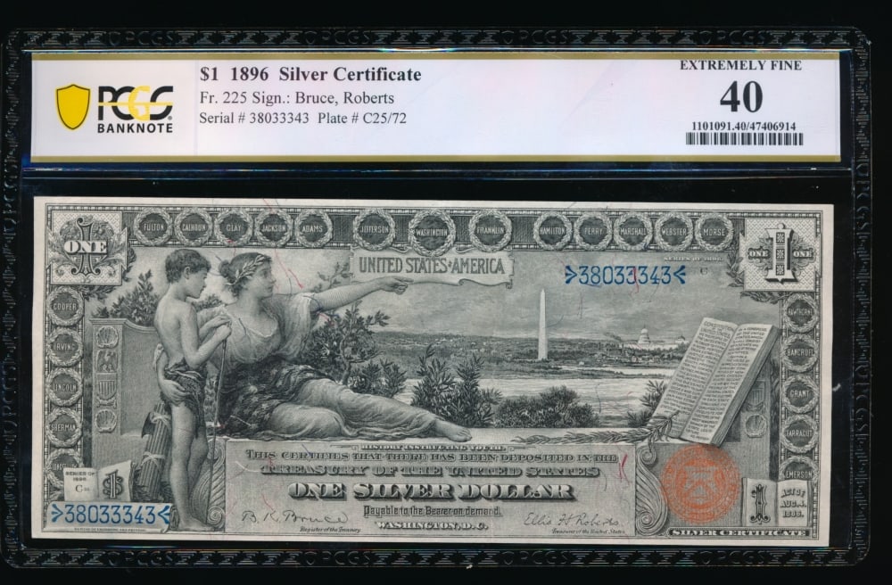 1896 $1 Educational Silver Certificate PCGS 40: One 1896 $1 Educational Silver Certificate PCGS 40.
