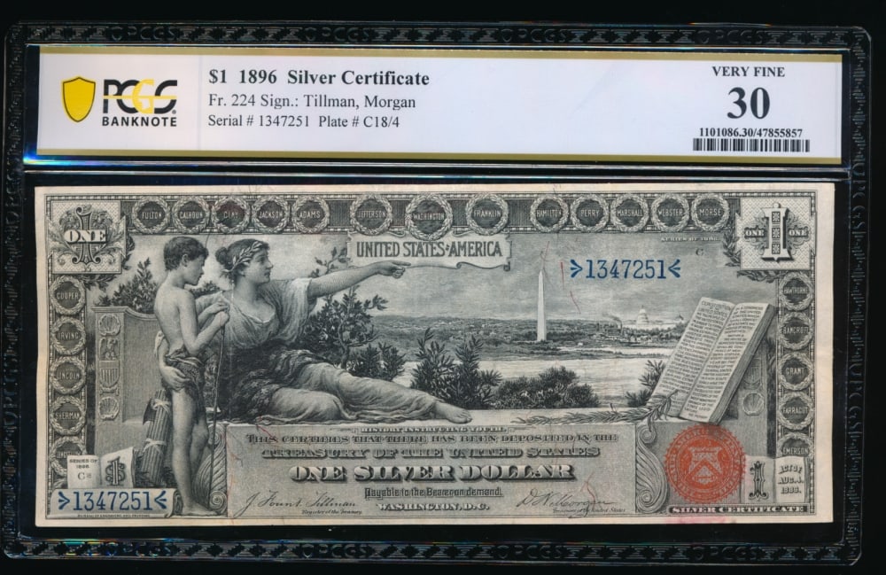 1896 $1 Educational Silver Certificate PCGS 30: One 1896 $1 Educational Silver Certificate PCGS 30.
