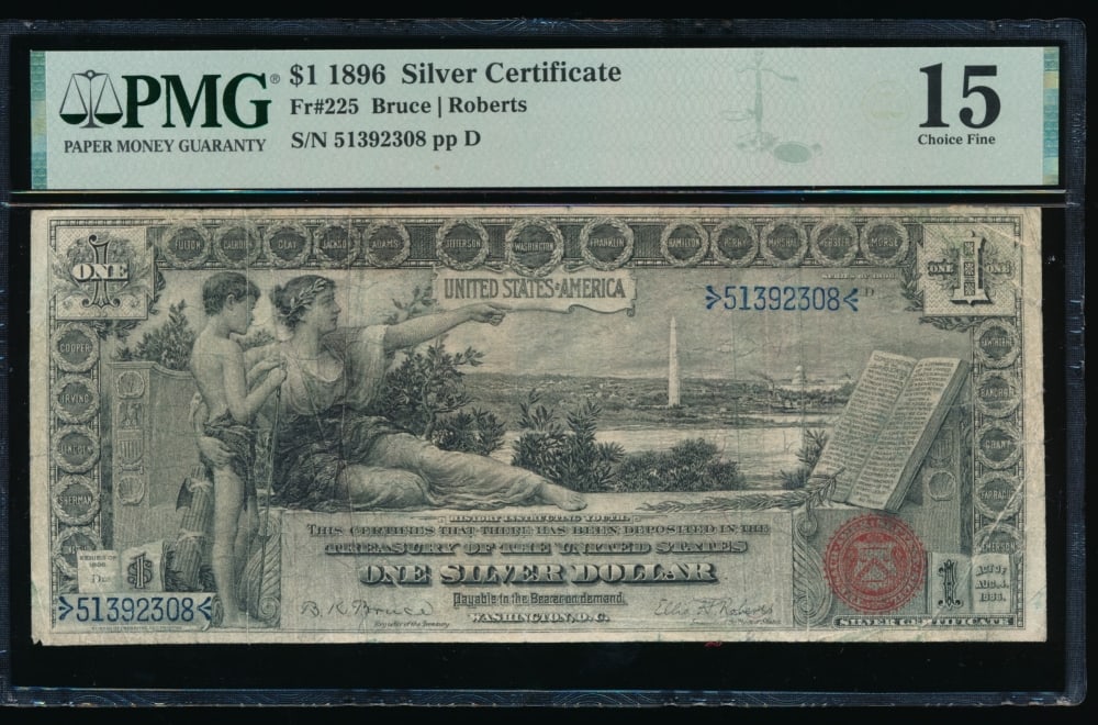1896 $1 Educational Silver Certificate PMG 15: One 1896 $1 Educational Silver Certificate PMG 15.