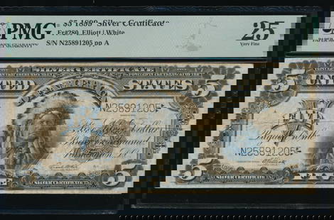 1899 $5 Chief Silver Certificate PMG 25: One 1899 $5 Chief Silver Certificate PMG 25.