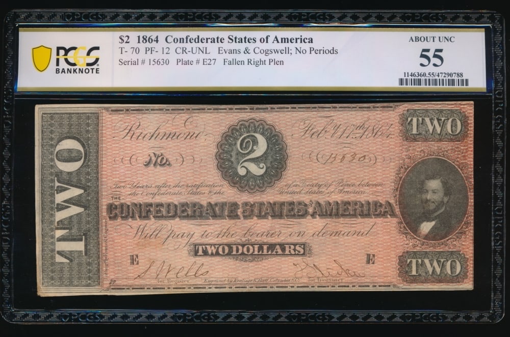 1864 $2 T-70 Confederate PCGS 55: One 1864 $2 T-70 Confederate PCGS 55.
