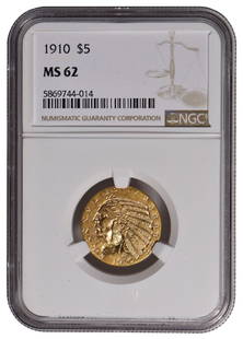 1910 $5 Indian Head Half Eagle Gold Coin NGC MS62: One 1910 $5 Indian Head Half Eagle Gold Coin NGC MS62.