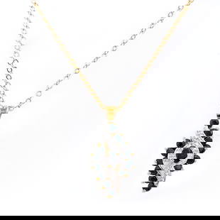 Plated 18KT Yellow Gold 1.50ctw Black Sapphire and Diamond Pendant with Chain: One Plated 18KT Yellow Gold 1.50ctw Black Sapphire and Diamond Pendant with Chain. (1) Black Sapphire with a total weight of 0.30cts.(12) Black Sapphires with a total weight of 1.20cts. Diamonds with