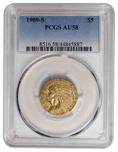 1909-S $5 Indian Head Half Eagle Gold Coin PCGS AU58: One 1909-S $5 Indian Head Half Eagle Gold Coin PCGS AU58.