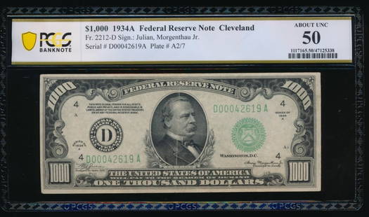 1934A $1000 Cleveland FRN PCGS 50: One 1934A $1000 Cleveland FRN PCGS 50.