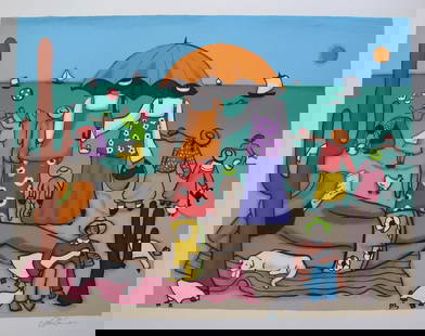 Elke Sommer On The Beach Hand Signed Limited Edition Serigraph Folk Art: This is a limited edition hand signed serigraph titled On the Beach by renowned German actress and artist Elke Sommer. Beautiful art piece on extra thick paper with gorgeous colors. Hand signed and nu
