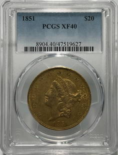 1851 $20 Liberty Head Double Eagle Gold Coin PCGS XF40: One 1851 $20 Liberty Head Double Eagle Gold Coin PCGS XF40.