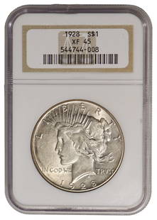 1928 $1 Peace Silver Dollar NGC XF45: One 1928 $1 Peace Silver Dollar NGC XF45.