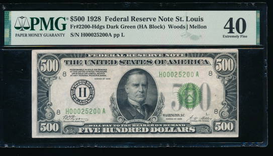 1928 $500 St Louis FRN PMG 40: One 1928 $500 St Louis FRN PMG 40.