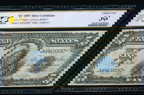 1899 $5 Chief Silver Certificate PCGS 64: One 1899 $5 Chief Silver Certificate PCGS 64.