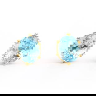 Plated 18KT Yellow Gold 5.50ctw Blue Topaz Earrings: One pair of Plated 18KT Yellow Gold 5.50ctw Blue Topaz Earrings. (2) Blue Topaz stones with a total weight of 5.50cts. 2.25 grams of brass layered with 18K yellow gold.