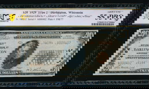 1929 $20 Darlington WI PCGS 55PPQ: One 1929 $20 Darlington WI PCGS 55PPQ.