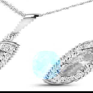 14KT White Gold 1.70ct Aquamarine and Diamond Pendant with Chain: 1 Cushion cut Aquamarine stone with a total weight of 1.70cts. Aquamarine Cushion 8.00mm - 1Pc + White Diamond F/C Round 2.00mm - 16Pcs ( Diamond Quality : SI-2/HI ). Diamonds with a total weight of 0