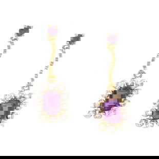 Plated 18KT Yellow Gold 1.79ctw Amethyst and Diamond Earrings: One pair of Plated 18KT Yellow Gold 1.79ctw Amethyst and Diamond Earrings. (4) Amethyst stones with a total weight of 1.79cts. Diamonds with a total weight of 0.15cts with a color of I-J and with a cl