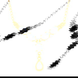 Plated 18KT Yellow Gold 9.10ctw Black Sapphire and White Topaz Pendant with Chain: One Plated 18KT Yellow Gold 9.10ctw Black Sapphire and White Topaz Pendant with Chain. (6) Black Sapphire stones with a total weight of 9.10cts. (5) white topaz stones with a total weight of 0.25cts.