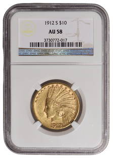1912-S $10 Indian Head Eagle Gold Coin NGC AU58: One 1912-S $10 Indian Head Eagle Gold Coin NGC AU58.