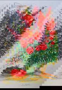 Marc Chagall Bouquet With Bowl Of Cherries: Marc Chagall limited edition small giclee titled “BOUQUET WITH BOWL OF CHERRIES”. This giclee is facsimile signed on the lower right and is pencil numbered on the lower left from an editio