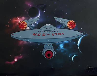 Star Trek U.S.S Enterprise Sericel Animation Art Serigraph Cel: This is a sericel of the U.S.S Enterprise from the animated series Star Trek which debuted in 1972. This artistic recreation sericel measures 11 inches x 14 inches, comes unframed. Produced from a lim